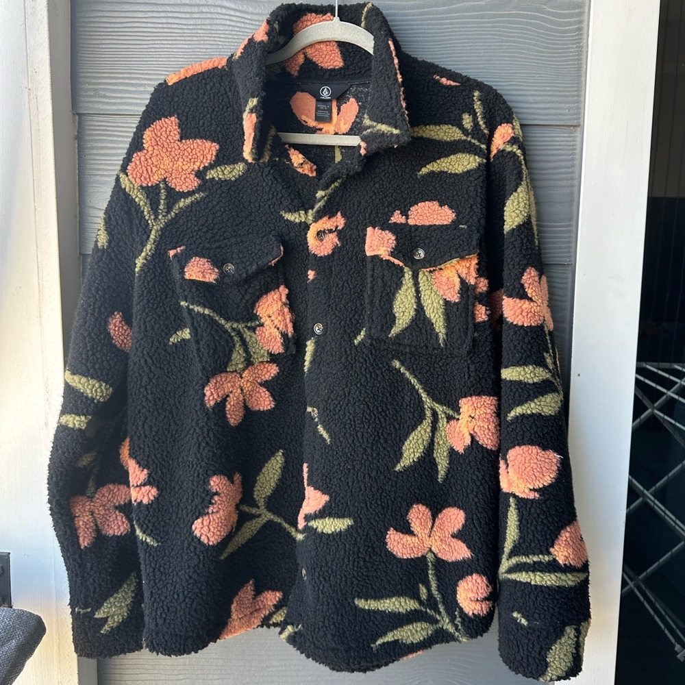 Volcom Faux Shearling Jacket Floral Black Size XL